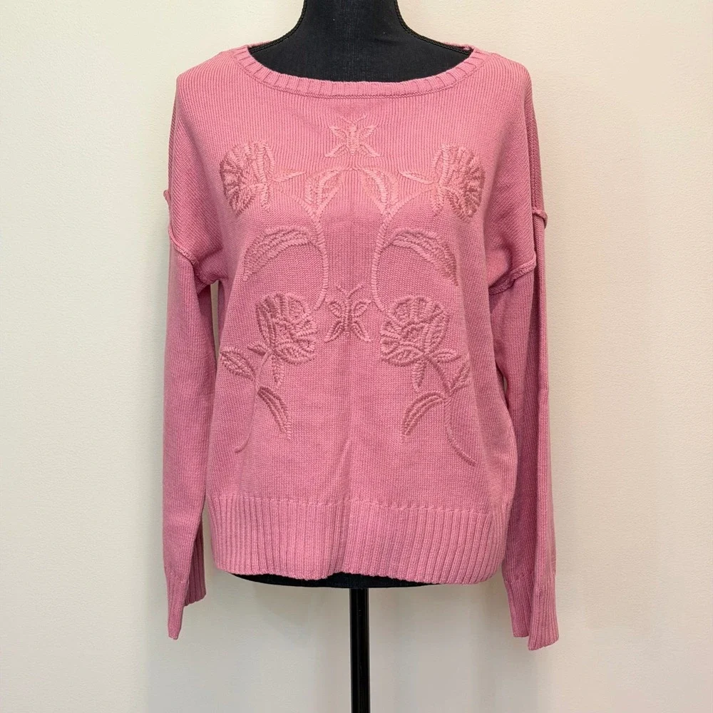 Haute Hippie Style Pink Floral Butterfly Embroidered Knit Sweater‎ Womens M Boho